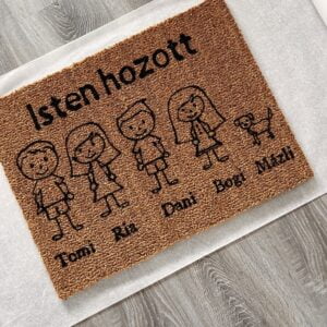 Családi kókuszrost lábtörlő figurákkal és nevekkel