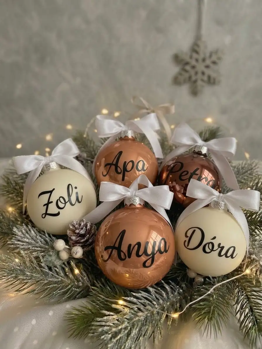 Limitált kiadású névre szóló karácsonyfadíszek elefántcsont, rosé bronz és étcsokoládé árnyalatú üveggömbökön, fehér masnival díszítve.