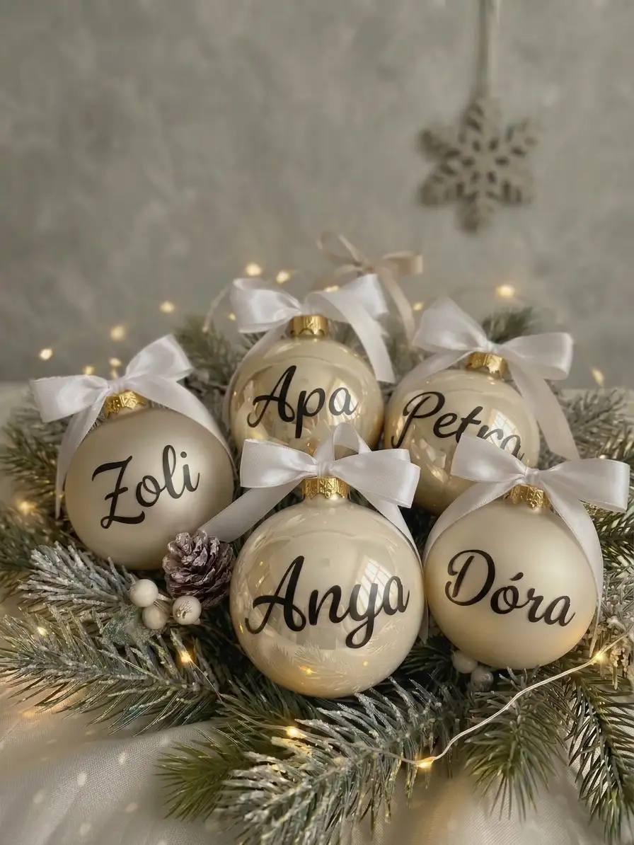 Elegáns, pezsgőkrém színű névre szóló üveg karácsonyfadíszek egyedi fekete felirattal és fehér szatén masnival fenyőágakon.